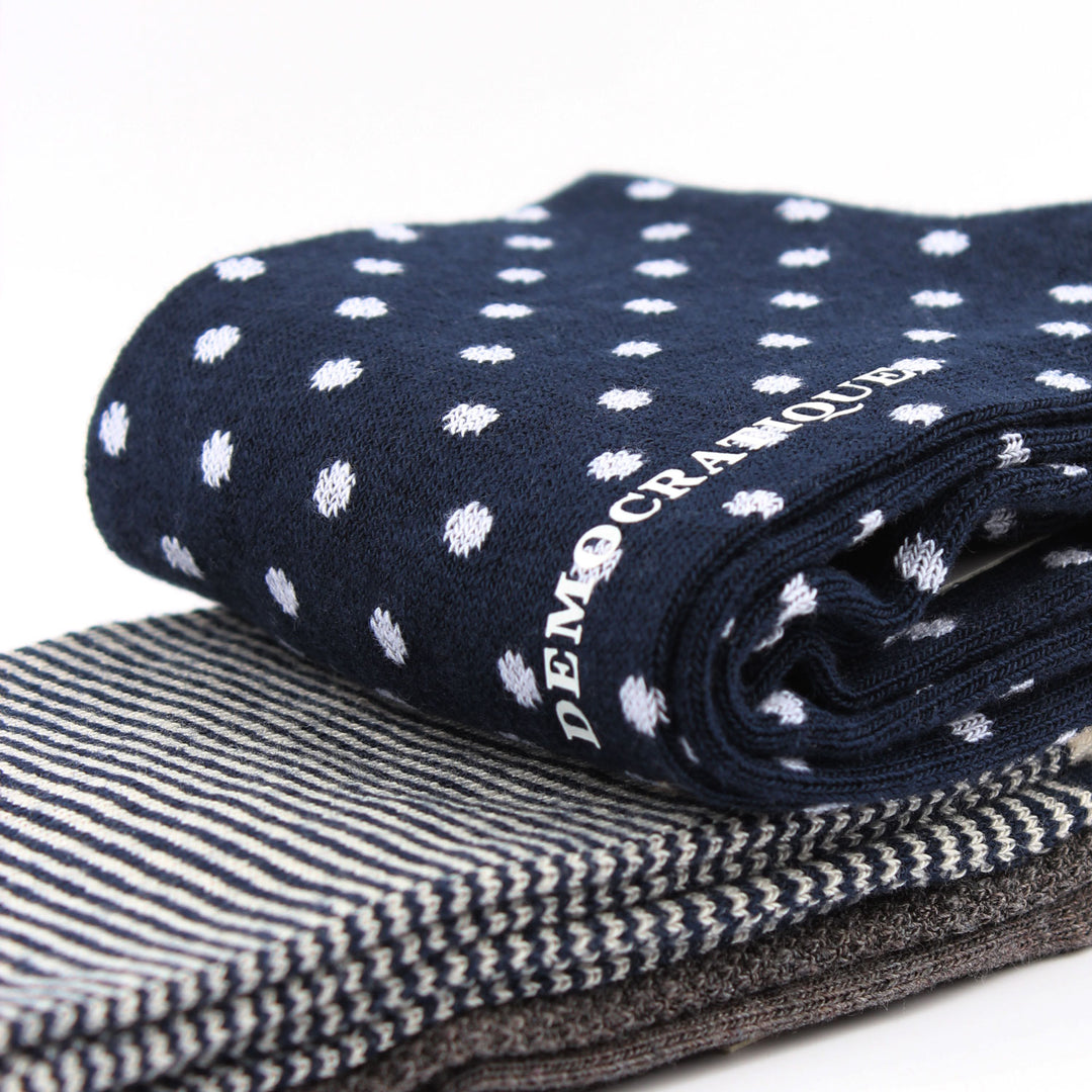 OF 3-pack 2 - Off White / Navy / Grey - Polkadot, Pique and Stripes - Democratique Socks