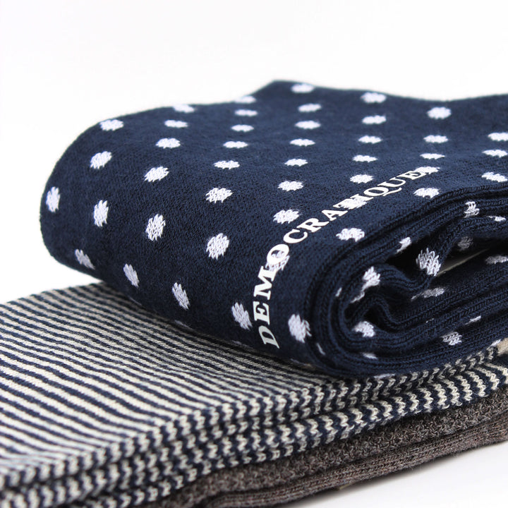 OF 3-pack 2 - Off White / Navy / Grey - Polkadot, Pique and Stripes - Democratique Socks