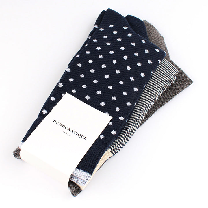 OF 3-pack 2 - Off White / Navy / Grey - Polkadot, Pique and Stripes - Democratique Socks